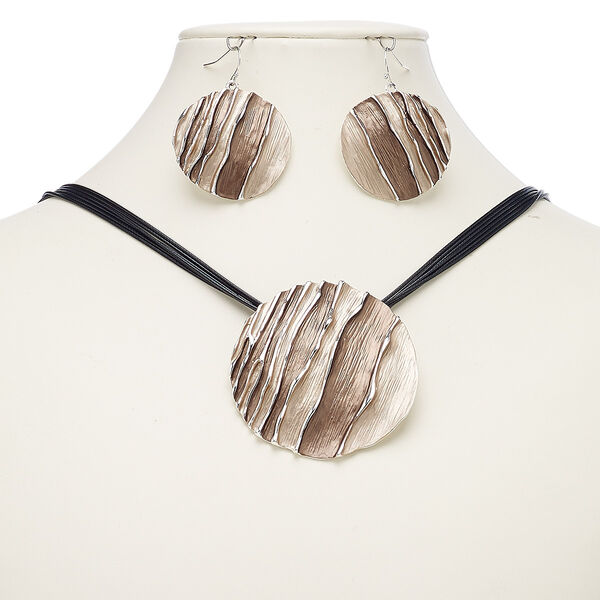 Necklace and earring set, 6-strand, enamel / waxed cotton cord / imitation rhodium-finished steel / "pewter" (zinc-based alloy), black / light brown / dark brown, 56mm round, 18-inch necklace with 2-inch extender chain and lobster claw clasp, 47mm earrings with fishhook ear wire. Sold per set. image number 0