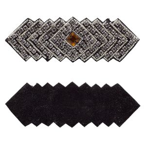 Sew-on component, velveteen / glass / silver-finished brass, black / silver-lined clear / amber brown, 4 x 1-1/4 inch geometrical pattern. Sold individually.