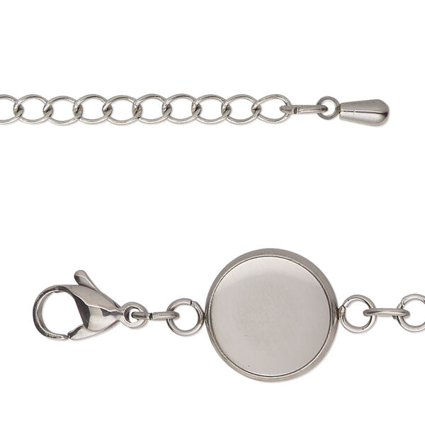 Bracelet, stainless steel, 14mm wide with (9) 12mm round settings, 8 inches with 2-inch extender chain and lobster claw clasp. Sold individually. image number 0