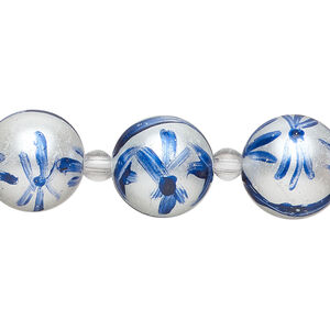 Bead, glass 1pkg8, opaque white and dark blue, 14mm hand-painted round.