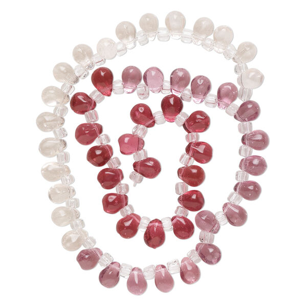 Bead, glass, transparent pale pink, light pink and dark pink, 8x6mm top-drilled teardrop with irregular rondelles. Sold per 14-inch strand. image number 0