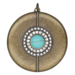 Focal, antique brass-finished "pewter" (zinc-based alloy), "turquoise" (imitation) resin and glass, turquoise blue and clear, 44mm single-sided round. Sold individually.