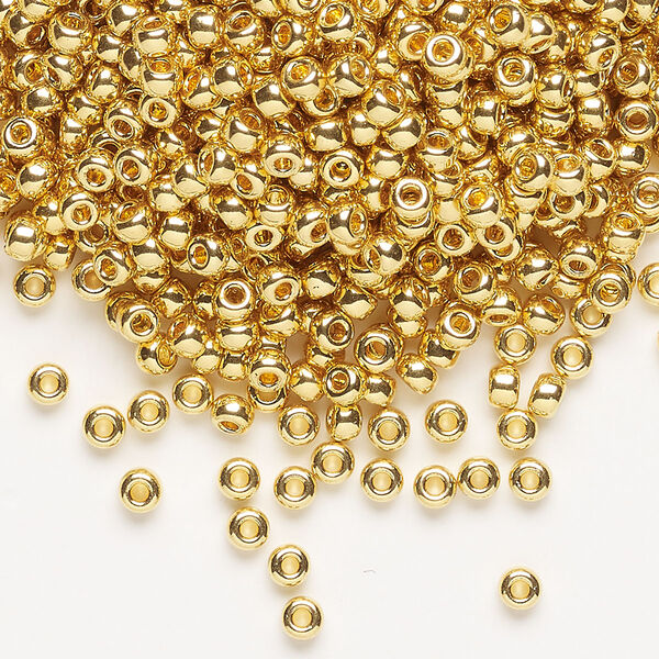Seed bead, Miyuki, glass, pkg/4g, #8 rocaille, opaque 24Kt gold-plated (RR-191). image number 0