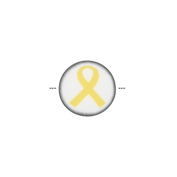Bead, polymer clay, white / black / yellow, 14mm double-sided flat round with awareness ribbon. Sold per pkg of 30. image number 0