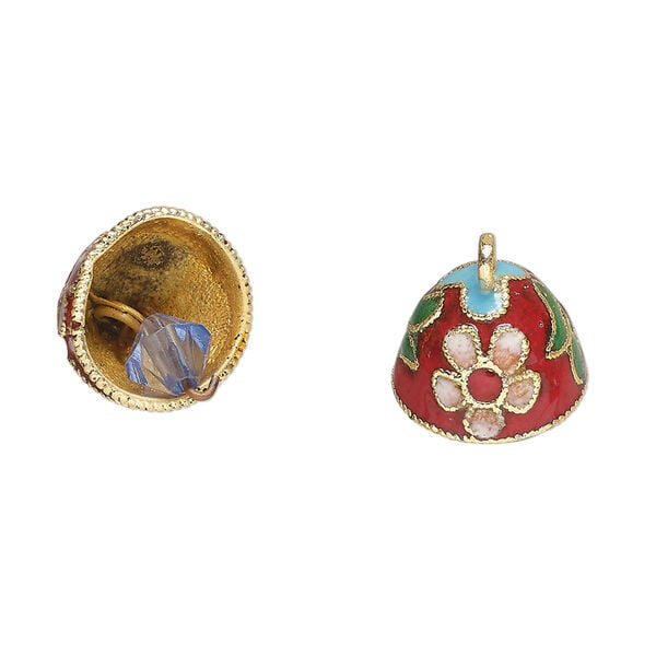 Bell, cloisonn&eacute; 1pkg2, gold-finished brass and enamel, red and multicolored, 12x10mm bell with flower and bead clapper. image number 0
