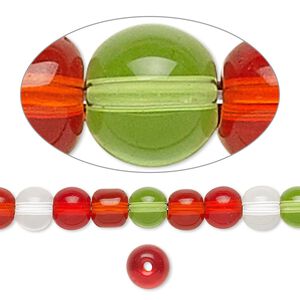 Bead, glass, transparent Christmas tones, 5-6mm round. Sold per 36-inch strand.