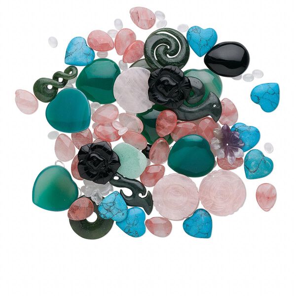 Bead and component mix, multi-gemstone (natural / dyed / manmade) and glass, mixed colors, 7x5mm-34x34mm mixed shape. Sold per 1/2 pound pkg, approximately 50-120 pieces. image number 0