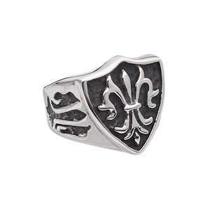 Ring, antiqued stainless steel, 22mm wide with shield and fleur-de-lis, size 9. Sold individually.