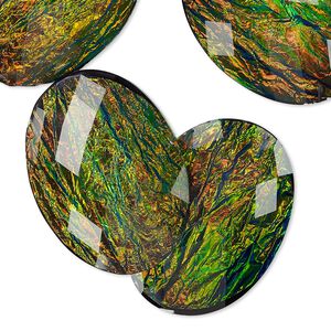 Cabochon, resin, opalescent black and multicolored, 40x30mm non-calibrated faceted oval. Sold per pkg of 4.