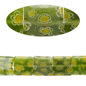 Bead, millefiori glass, translucent green / yellow / white, 9mm-11x10mm puffed square with flower design. Sold per 14-inch strand, approximately 40 beads.