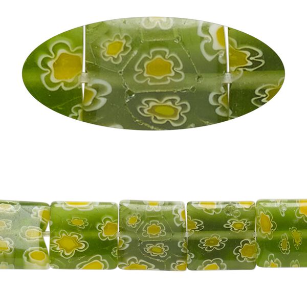 Bead, millefiori glass, translucent green / yellow / white, 9mm-11x10mm puffed square with flower design. Sold per 14-inch strand, approximately 40 beads. image number 0