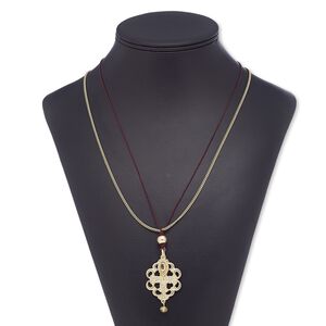 Necklace, 2-strand, glass rhinestone / nylon / resin / gold-finished steel / "pewter" (zinc-based alloy), black / peach / yellow, 40x30mm matte filigree oval, 30 inches with 2-inch extender chain and lobster claw clasp. Sold individually.