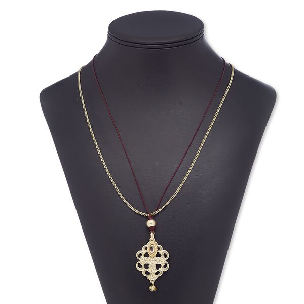 Necklace, 2-strand, glass rhinestone / nylon / resin / gold-finished steel / "pewter" (zinc-based alloy), black / peach / yellow, 40x30mm matte filigree oval, 30 inches with 2-inch extender chain and lobster claw clasp. Sold individually. image number 0