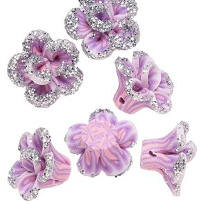 Bead, polymer clay, lavender / dark purple / pink with silver-colored glitter, 16x15x11mm flower. Sold per pkg of 6.