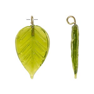 Drop, glass and brass, transparent green, 26x16mm double-sided leaf. Sold per pkg of 12.