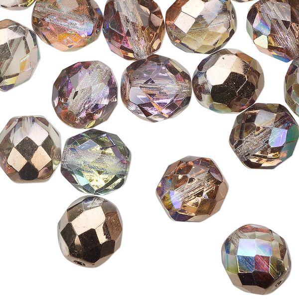 Bead 1pkg40 Czech fire-polished glass, 10mm faceted round, opaque half-coated clear AB / metallic Capri gold image number 0