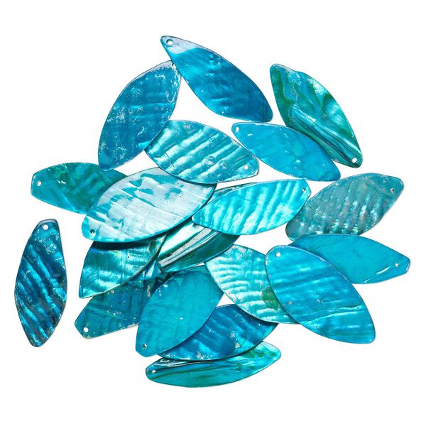 Focal, mother-of-pearl shell (dyed), teal green, 47x19mm-54x25mm leaf, Mohs hardness 3-1/2. Sold per pkg of 20. image number 0