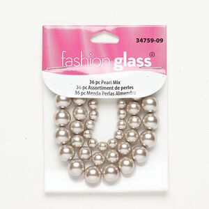 Bead assortment 1pkg36, glass pearl, champagne, 5-6mm round / 8mm round / 10mm round.