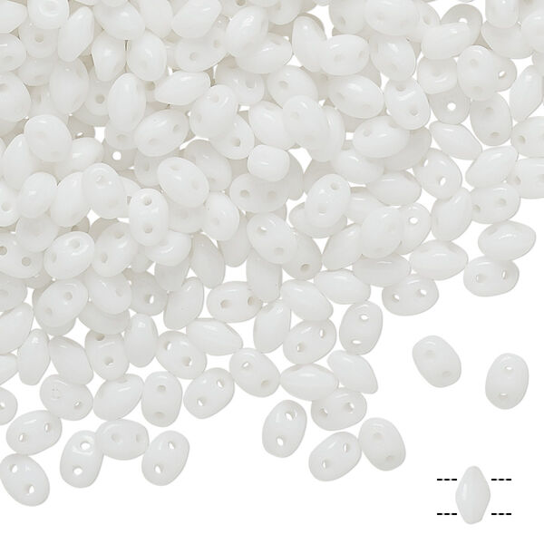 Bead, Preciosa Twin™, Pressed Twin, Czech pressed glass, white, 5x2.5mm oval with 2 holes. Sold per 10-gram pkg. image number 0