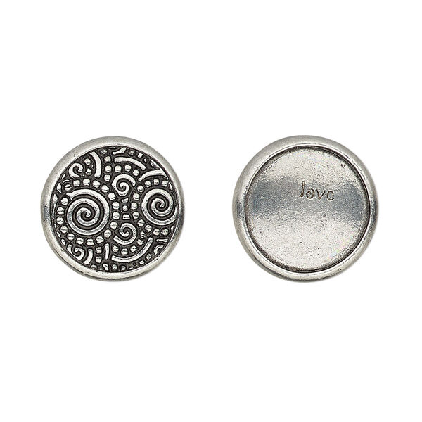 Snap cap, TierraCast®, glue-on, antique pewter (tin-based alloy), 15mm single-sided round with swirl design and "love." Sold per pkg of 2. image number 0