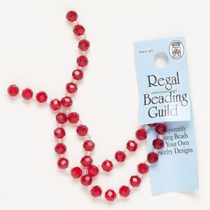 Bead, glass, pkg/10 inches, 5-6mm faceted round, translucent red.