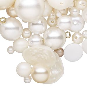 Drop mix, antique brass finish acrylic, clear/white/ivory, 3-22x20mm non-calibrated mixed shapes. Sold per 8-ounce pkg, approximately 2535 components.