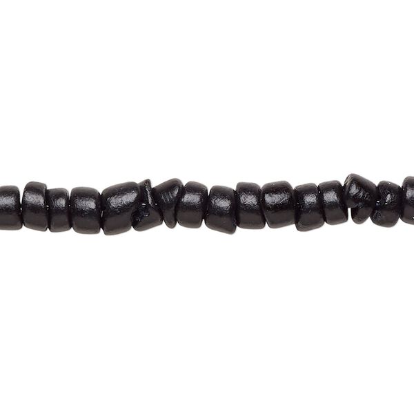 Bead, wood (dyed), black, 5x1.5mm-6x3.5mm hand-cut rondelle with 0.9mm hole. Sold per pkg of (2) 15-1/2" to 16" strands. image number 0