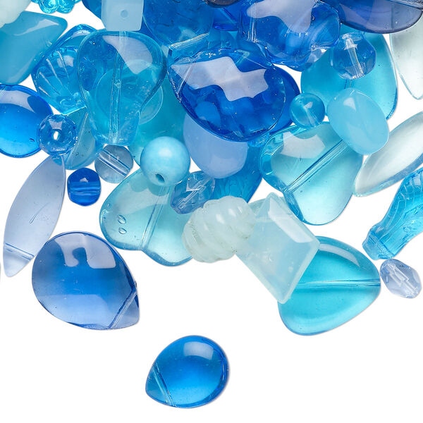Bead mix, glass, translucent multi-blue, 5mm-30x19mm mixed shapes. Sold per 1/4-pound pkg, approximately 90 beads. image number 0