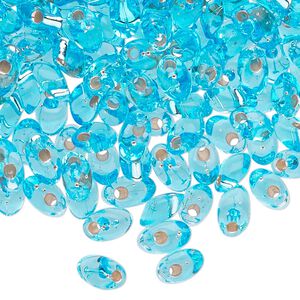 Seed bead, Miyuki, glass, pkg/10g, 7x4mm long magatama, transparent silver-lined light blue (LMA-18).