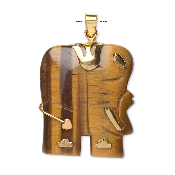 Pendant, tigereye (natural) and gold-finished "pewter" (zinc-based alloy), 28x23mm-30x25mm single-sided elephant. Sold individually. image number 0