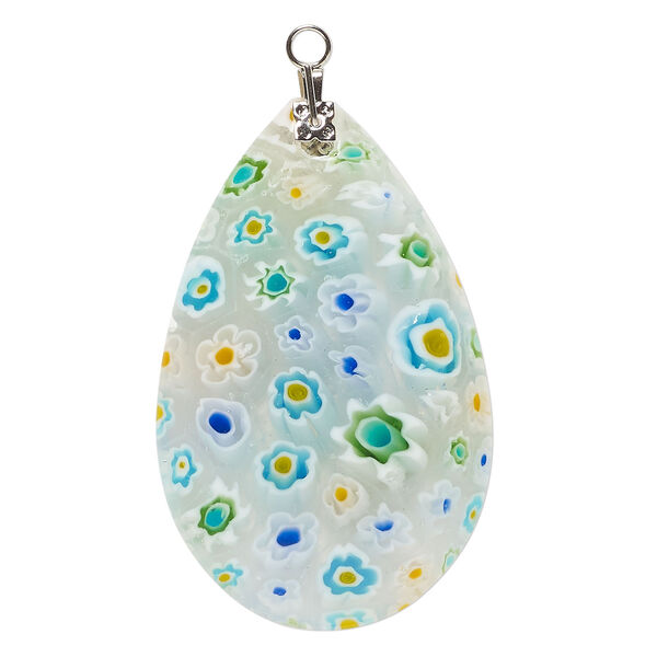 Focal, millefiori glass and silver-finished steel 1pkg1, transparent clear and multicolored, 48x30mm-50x31mm puffed teardrop. image number 0