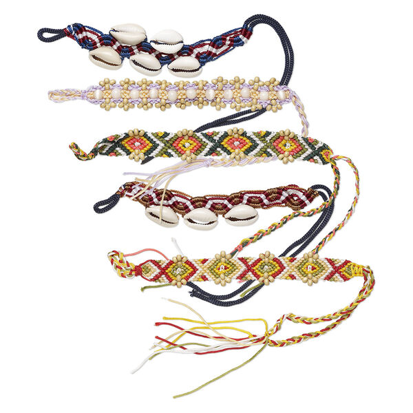 Bracelet, Just for Fun, nylon / Chinese littleleaf boxwood / gold-ringer cowrie shell, mixed colors, 20-30mm wide, 6-9 inches with macramé closure and tie closure. Sold per pkg of 5. image number 0