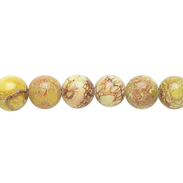 Bead, magnesite (dyed / stabilized), light lime green, 8mm round, B grade, Mohs hardness 3-1/2 to 4. Sold per 15-1/2" to 16" strand. image number 0