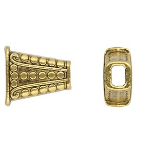 Cone, antique gold-finished "pewter" (zinc-based alloy), 18x16.5x8.5mm beaded flat, 12x4mm inside diameter. Sold per pkg of 6.