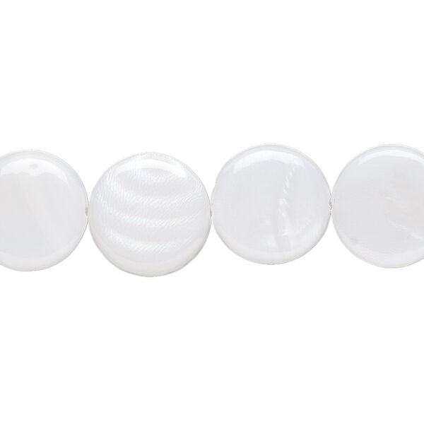 Bead, mother-of-pearl shell (bleached), white, 12mm flat round, Mohs hardness 3-1/2. Sold per 15-1/2" to 16" strand. image number 0