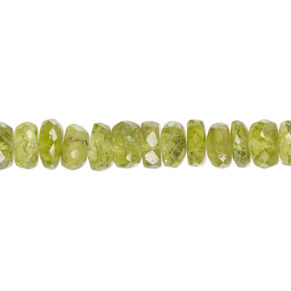 Bead, peridot (natural), 7x2mm-8x6mm hand-cut faceted rondelle, C+ grade, Mohs hardness 6-1/2 to 7. Sold per 14-inch strand, approximately 95 beads. image number 0