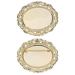 Pin back, gold-plated brass, 55x46mm filigree oval with 40x30mm cabochon setting. Sold individually.