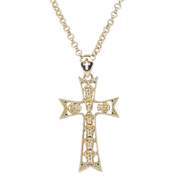 Necklace, glass with gold-finished steel and "pewter" (zinc-based alloy), clear, 48x29mm cross with skull design, 28 inches with 3-inch extender chain and lobster claw clasp. Sold individually. image number 0
