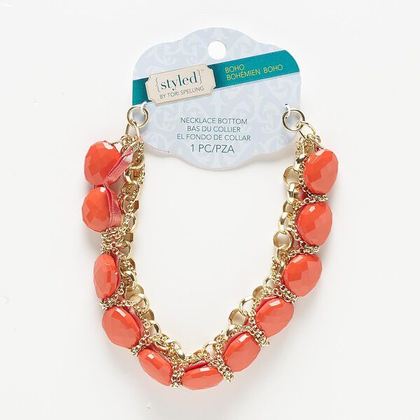 Necklace component, acrylic / satin / gold-finished steel, orange-red, 11 inches. Sold individually. image number 0