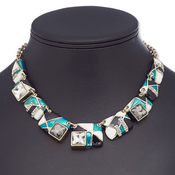 Necklace, glass rhinestone / enamel / glass / gold-finished brass / steel / "pewter" (zinc-based alloy), multicolored, rectangle, 16 inches with 2-inch extender chain and lobster claw clasp. Sold individually. image number 0