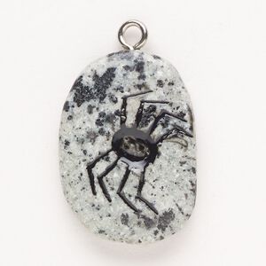 Focal, steel and sesame jasper (natural), pkg/1, silver finish and black, 30x24mm-39x27mm single-sided puffed freeform with spider, C grade.