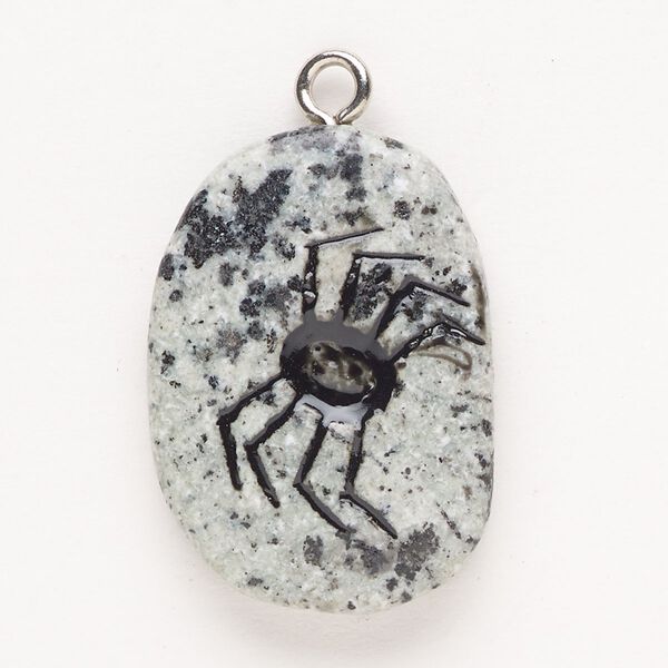 Focal, steel and sesame jasper (natural), pkg/1, silver finish and black, 30x24mm-39x27mm single-sided puffed freeform with spider, C grade. image number 0