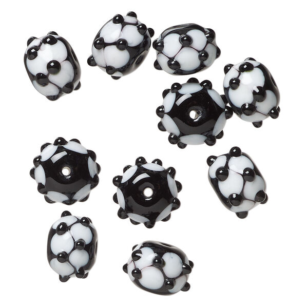 Bead 1pkg10, lampworked glass, black and white, 14x10mm rondelle. image number 0