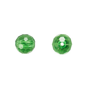 Bead, acrylic, green, 10mm faceted round. Sold per 100-gram pkg, approximately 170 beads.