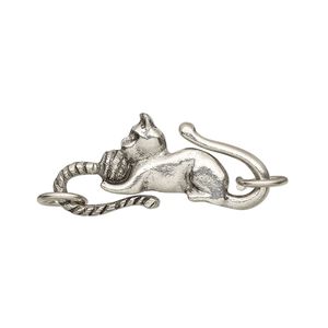 Clasp, S-hook, pewter (tin-based alloy), pkg/1, antiqued, 29x13mm with cat design and (2) 7.5mm jump rings.