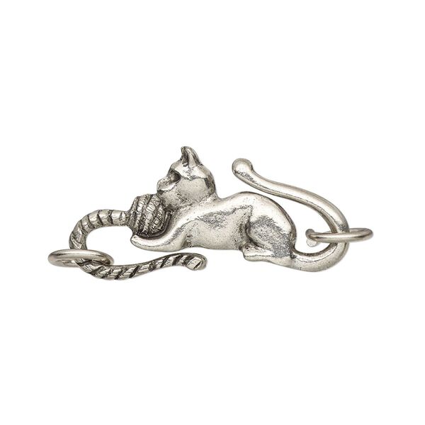 Clasp, S-hook, pewter (tin-based alloy), pkg/1, antiqued, 29x13mm with cat design and (2) 7.5mm jump rings. image number 0