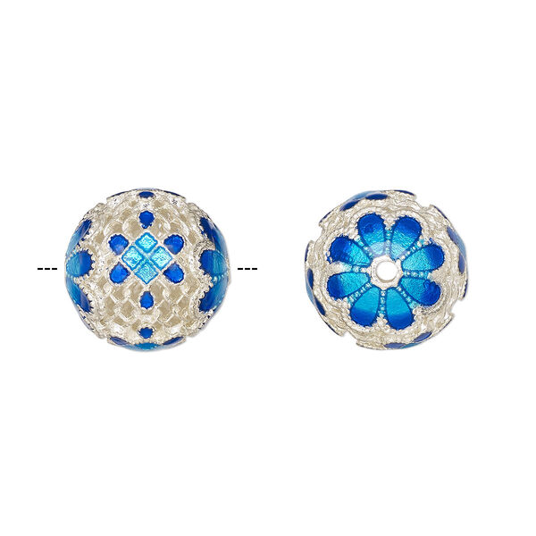 Bead, silver-finished brass and enamel, light blue and blue, 17mm round with open filigree and flower design. Sold individually. image number 0