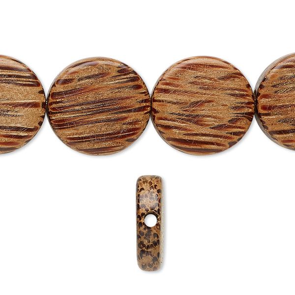Bead, coconut palm wood (waxed), 14-15mm hand-cut flat round. Sold per 15-1/2" to 16" strand. image number 0