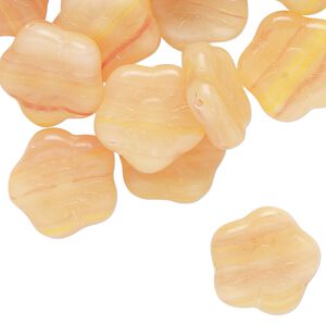 Bead, Czech pressed glass, translucent peach / yellow / pink, 15mm flat flower with swirl pattern. Sold per 2-ounce pkg, approximately 37 beads.
