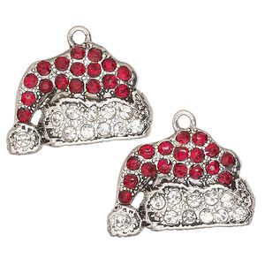 Charm, antique silver-finished "pewter" (zinc-based alloy) and glass, red and clear, 25x17mm single-sided Santa hat. Sold per pkg of 2.